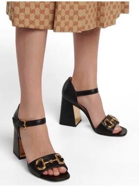 Gucci Baby Horsebit Block Heel Sandals EU 39 Black Leather Ankle Strap Shoes